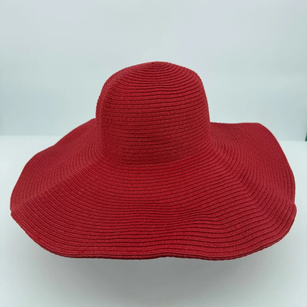 Sun Hat Women OS Red Straw Wide Brim Floppy Summer Beach Travel